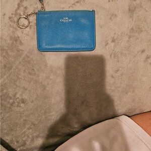 Coach Turquoise Blue Leather Zip Card Case with Key Ring